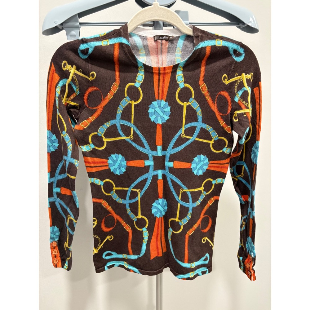 J Mclaughlin Lenny Sweater Neo Horsebit Brown Ribbon XS Teal Yellow Long Sleeve